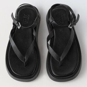 Zara Black Leather Thong Platform Sandals with Ankle Strap